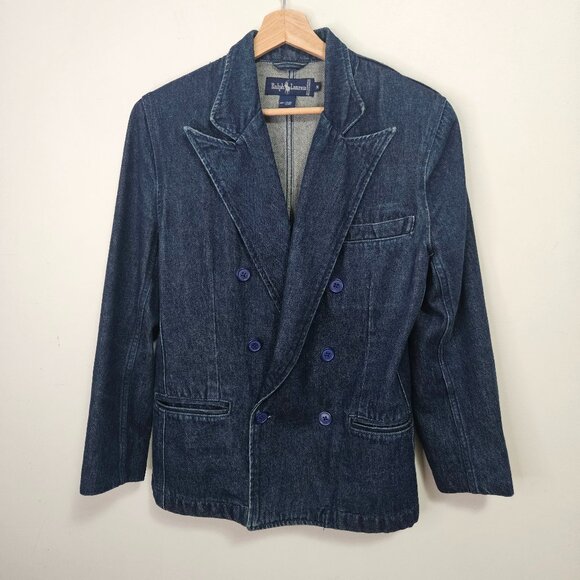 VTG 80s Ralph Lauren Blue Label Double Breasted Denim Blazer Jacket M - Picture 1 of 15